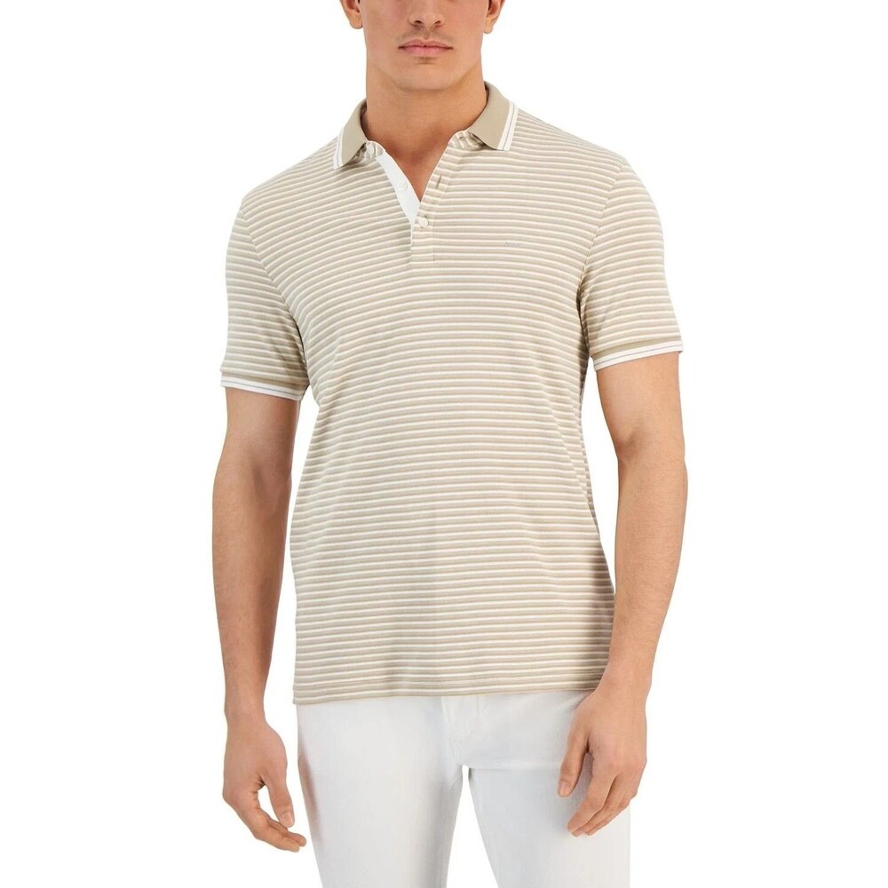 Michael Kors Mens XL Polo Shirt Tan White Striped Short Sleeve MK Logo Golf
